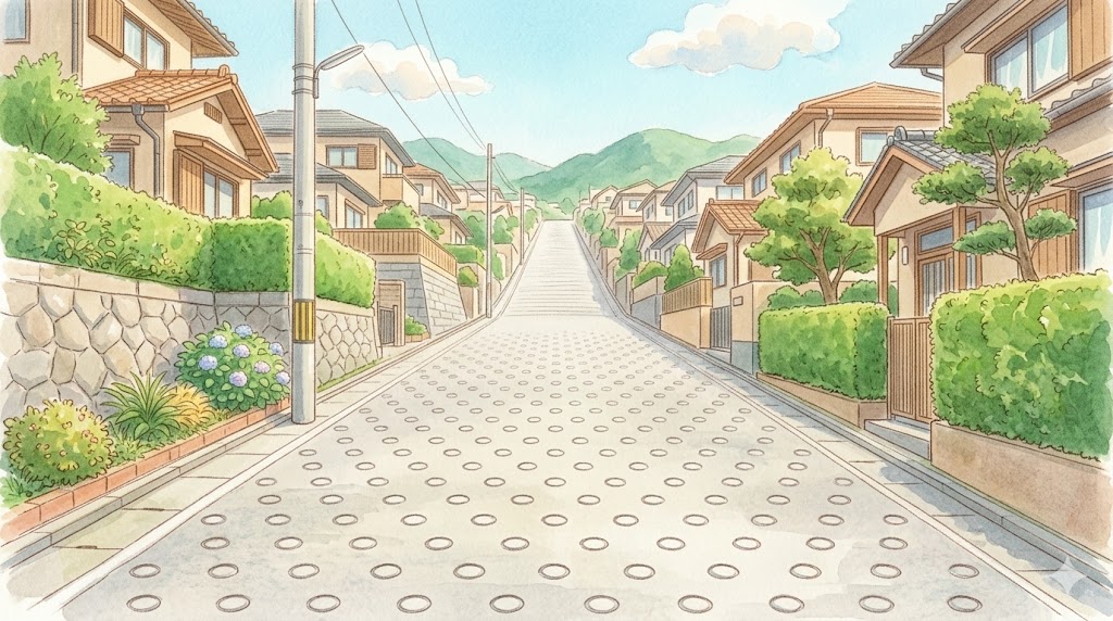 急な坂道のすべり止め舗装(白い丸い模様)