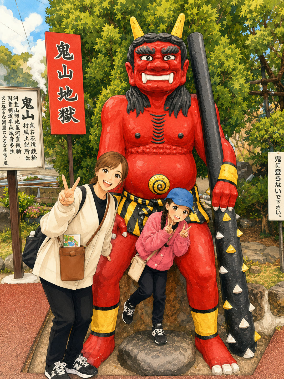 別府・鬼山地獄の赤鬼の像の前で記念撮影する親子のイラスト