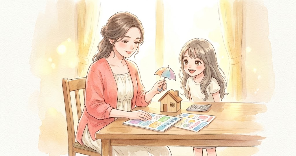 家のミニチュアに傘をさしかけながら親子で保険のパンフレットを見比べている水彩イラスト