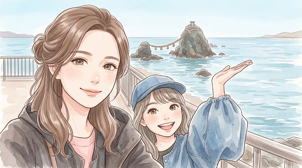 母娘で二見の夫婦岩を訪れたイラスト（伊勢神宮参拝の前に立ち寄る二見興玉神社）