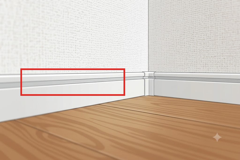 巾木（壁の下の細い板）の上のフチを赤枠で示した図