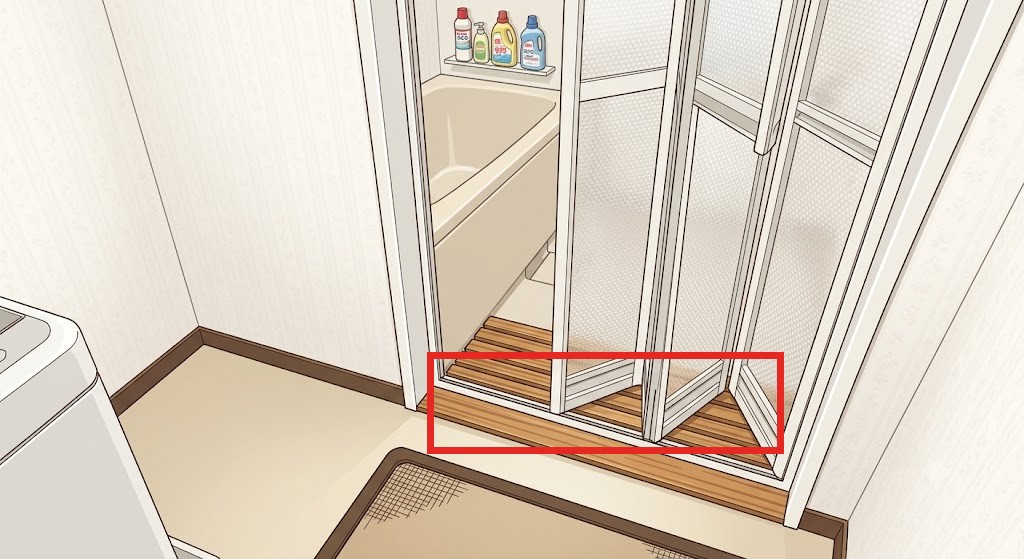 お風呂の折れ戸ドアの下のレール部分を赤枠で示した図