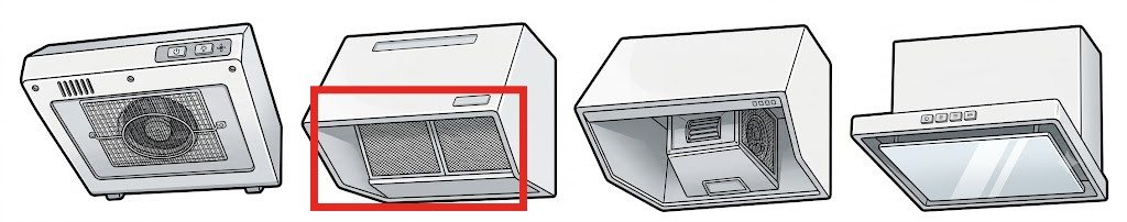 レンジフードの金属フィルター部分を赤枠で示した図