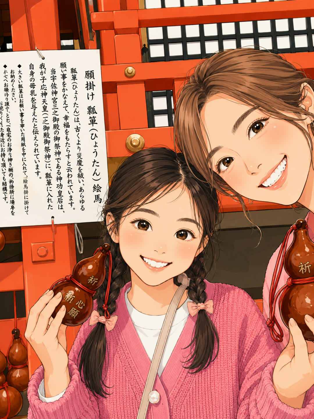 宇佐神宮の願掛けひょうたんを手にした親子のイラスト