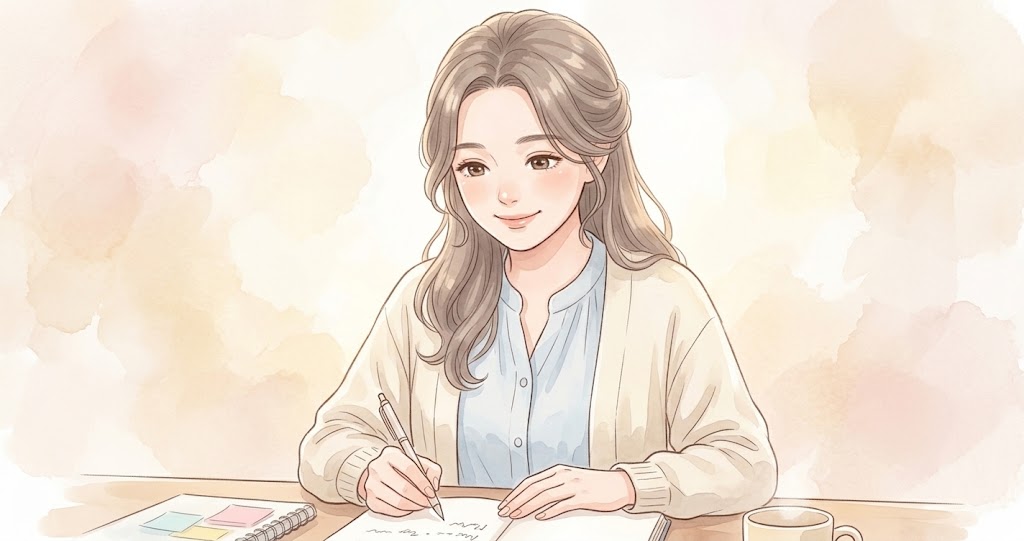 職務経歴書に書くことを思い出しながら書き出している女性の水彩イラスト