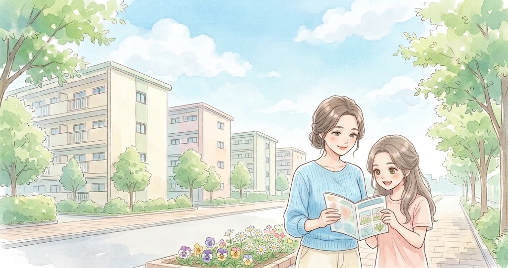 市営住宅と県営住宅の違いを調べる母と娘の水彩イラスト。街路樹のある通りから集合住宅を眺めながら、案内の冊子をのぞきこんでいる